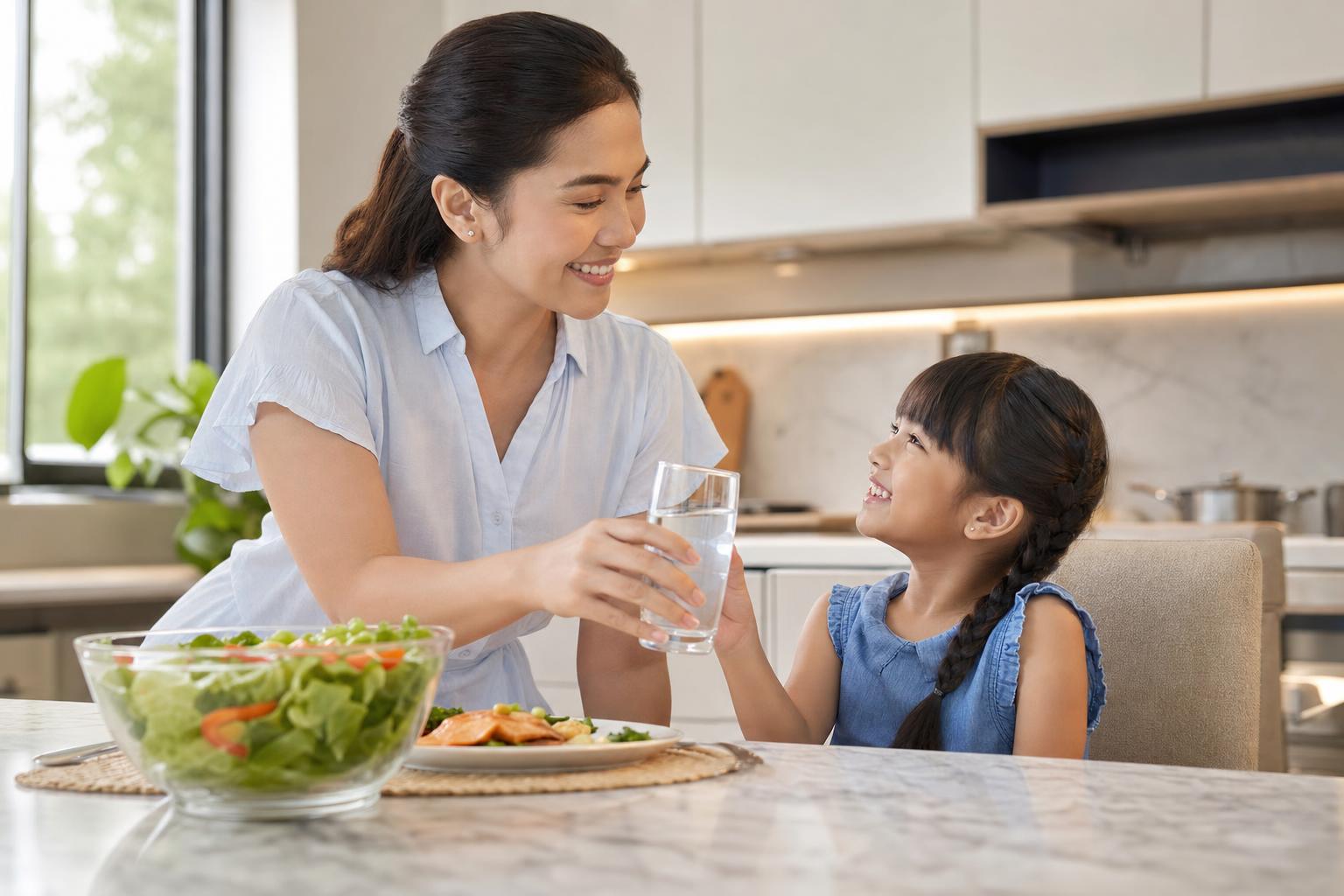 A mother giving her child a glass of clean water