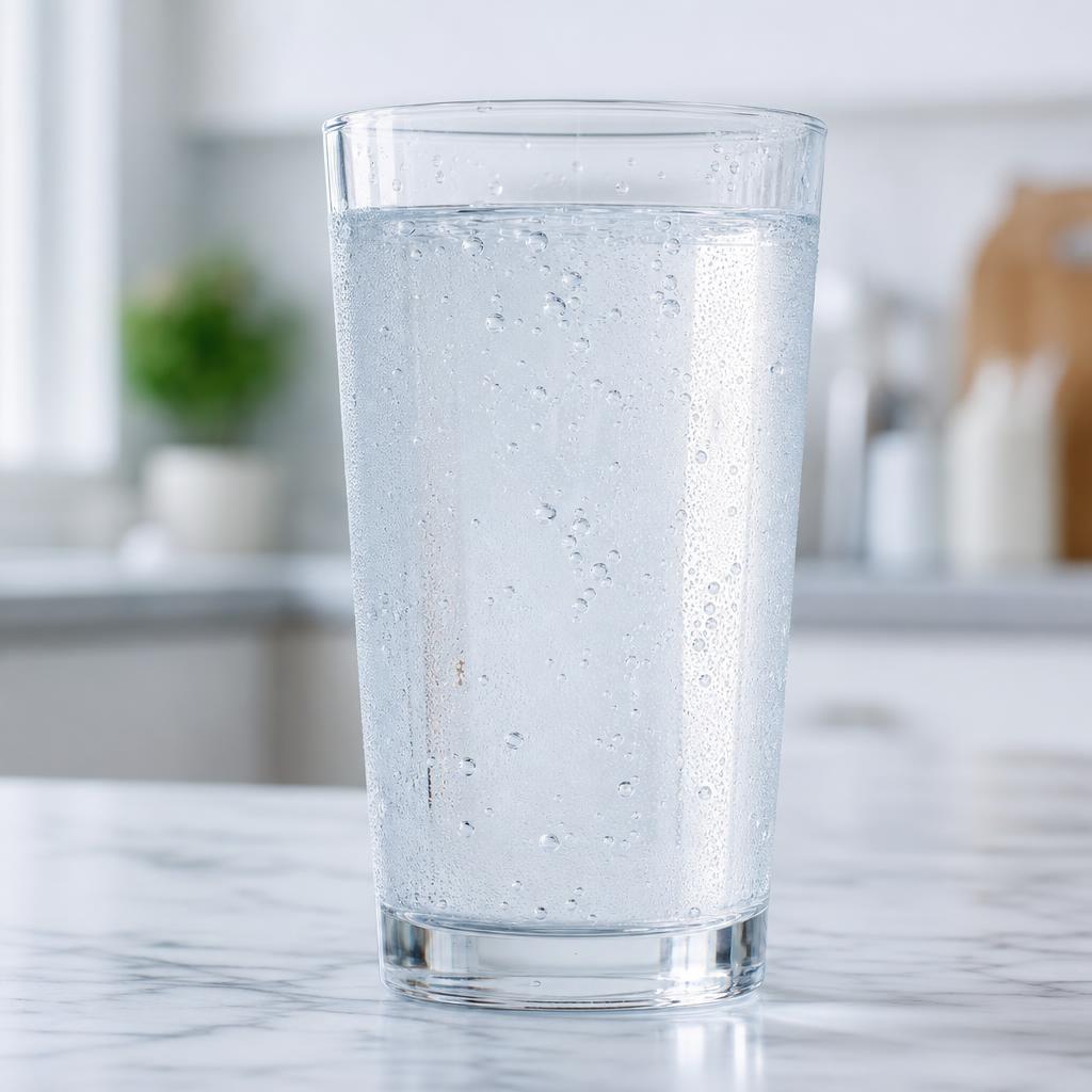 A clear glass of pure water on a kitchen counter