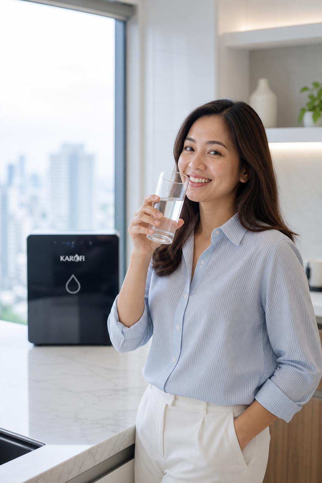 A Filipino woman drinking clean water at home with a Karofi purifier